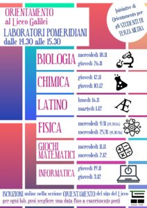 Manifesto laboratori pomeridiani dalle 14,30 alle 15,30.